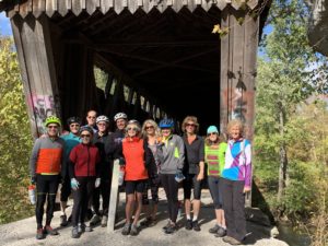 Biking group by Switzer Covered Bridge
