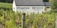 Closeup of a winery and a shed with the words Trisaetum Winery and Brixeur Spirits