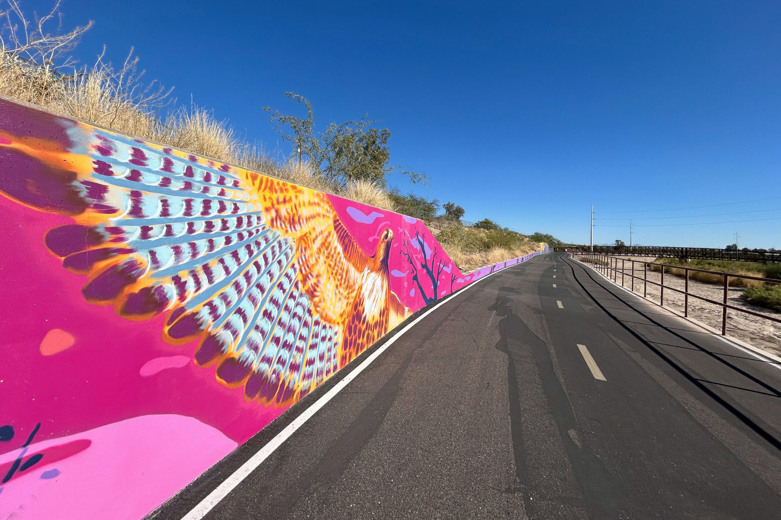 Photo of a colorful mural along a paved bike path in Arizona.