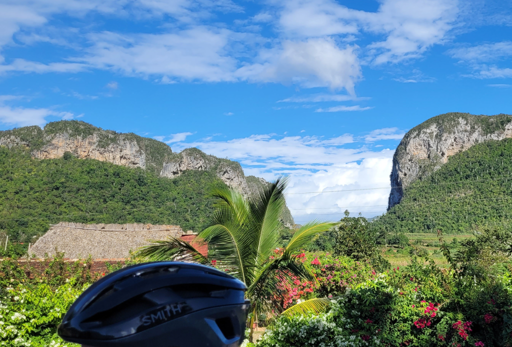 Cuba bike tour view of mountain with helmet