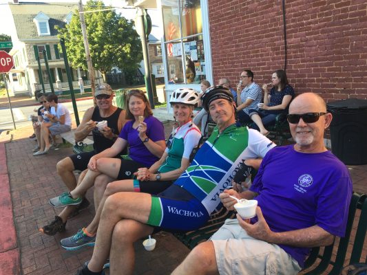 Cyclists Biking the 6 Day Pittsburgh to D.C Bike Tour with Wilderness Voyageurs stop for a quick snack
